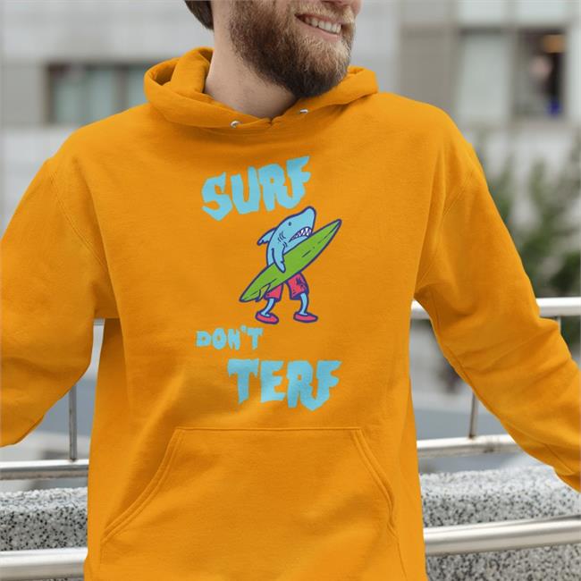 Surf Don’t Terf Shark Illustration Surf Board Surfer Cartoon Image Shirts MortuaryReport Gendereveal
