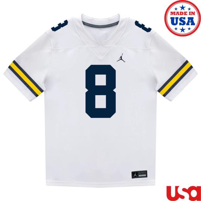 The M Den Michigan Wolverines #8 I'Marion Stewart Student Athlete White Football Jersey Shirt The M Den Michigan Wolverines #8 I'Marion Stewart Student Athlete White Football Jersey T Shirt