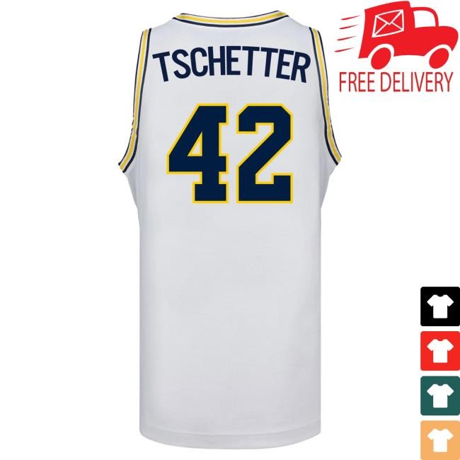 Michigan Wolverines #42 Will Tschetter Student Athlete White Basketball Jersey Tee | The M Den Official Merch Store Shop