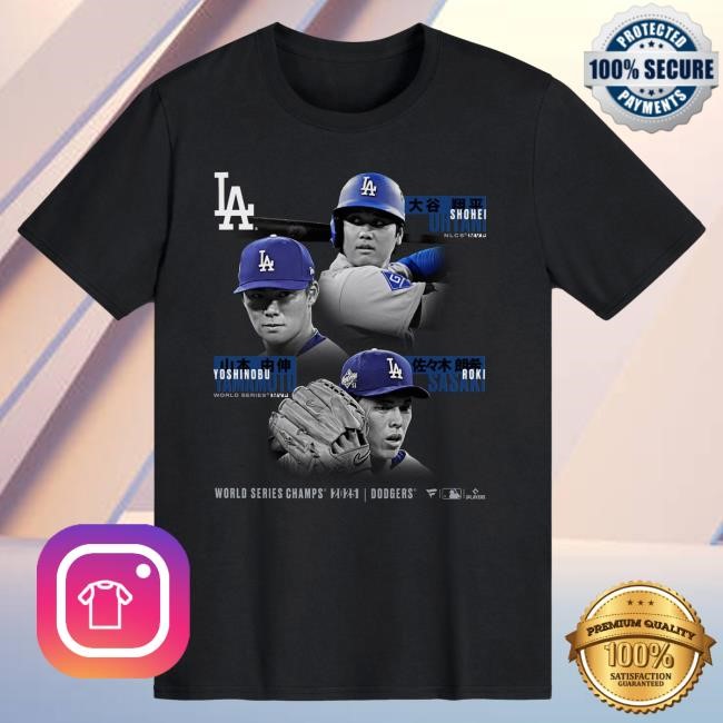 Official Men's Los Angeles Dodgers Shohei Ohtani, Yoshinobu Yamamoto & Roki Sasaki Black 2025 World Series Champions Historic Hot Shirt Mlb Shop