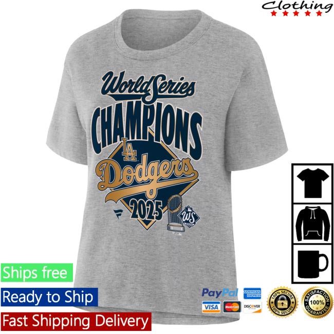 Women's Los Angeles Dodgers Fanatics Heather Gray 2025 World Series Champions Locker Room Replica New Shirt Official MLB Shop