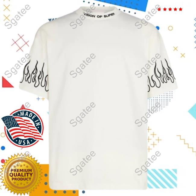 Official Vision Of Super White T-Shirt With Black Flames